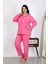 Kadın Büyük Beden Pamuklu Cepli Düğmeli Pembe Pijama Takım 2