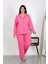 Kadın Büyük Beden Pamuklu Cepli Düğmeli Pembe Pijama Takım 3