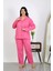 Kadın Büyük Beden Pamuklu Cepli Düğmeli Pembe Pijama Takım 5