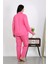 Kadın Büyük Beden Pamuklu Cepli Düğmeli Pembe Pijama Takım 6