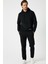 Siyah Regular Fit Kapüşonlu Cepli Sweatshirt Düz Paça Erkek Eşofman Takımı 1