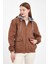Kadın Fermuarlı Basic Kahve Kapşonlu Kot Ceket 3