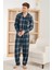 Açık Lacivert Ekose Desenli önden Düğmeli Elegant Erkek pijama takımı 2