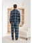 Açık Lacivert Ekose Desenli önden Düğmeli Elegant Erkek pijama takımı 3
