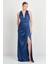 Kadın Derin V Yaka Beli Drapeli Maxi Boy Abiye Elbise 7084 K. Indigo 1