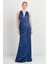 Kadın Derin V Yaka Beli Drapeli Maxi Boy Abiye Elbise 7084 K. Indigo 4