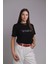 Siyah Baskılı Kadın Tişört Organik Koton Yuvarlak Yakalı Regular Fit T-Shirt Normal Kesim 3