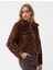 Kahverengi Leopar Desenli Cep Detaylı Peluş Mont 4
