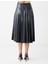Siyah Deri Görünümlü Piliseli Normal Bel Midi Etek 5