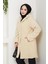 Kadın Kürk Kumaş Astarlı Düğmeli Kapüşonlu Bej Kaban 4