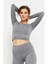 Gri Melanj Uzun Kollu Dar Kalıp O Yaka Kadın Crop Top T-Shirt - 97150 6