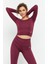Bordo Uzun Kollu Dar Kalıp O Yaka Kadın Crop Top T-Shirt - 97150 12