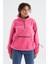 Şeker Pembe Etek Ucu Büzgülü Yarım Fermuarlı Oversize Kadın Polar Sweatshirt - 97238 11