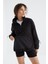 Siyah Etek Ucu Büzgülü Yarım Fermuarlı Oversize Kadın Polar Sweatshirt - 97238 9