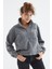 Gri Melanj Yarım Fermuar Etek Ucu Büzgülü Kadın Polar Oversize Sweatshirt - 97171 9