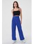 Kadın Saks Mavi Yüksek Bel Cırtlı Palazzo Pantolon 1