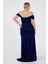 Kadın Büyük Beden Düşük Omuz Derin Yırtmaçlı Balık Form Abiye Elbise 8212 Lacivert 4