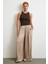 Beli Lastikli Geniş Paça Büzgülü Pantolon Bej 2