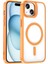 Apple iPhone 15 Kılıf Magsafe Şarj Özellikli Standlı Omsy Magsafe Klon Lensli Kapak-Turuncu 1