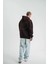 Unisex Üç Iplik Kapşonlu Nakışlı Sweatshirt - Kahve 4