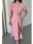 Yaka Düğme Detaylı Elbise- Pembe 4