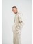 Unisex Double Oversize Kapşonlu Yıkamalı Sweatshirt - Krem 2