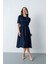 Kadın Lacivert Balon Kol Midi Saten Elbise 2