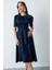 Kadın Lacivert Balon Kol Midi Saten Elbise 3