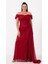 Kadın Bordo Kayık Yaka Drapeli Yırtmaçlı Uzun Simli Abiye Elbise 2