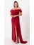 Kadın Bordo Kayık Yaka Drapeli Yırtmaçlı Uzun Simli Abiye Elbise 3