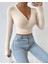 Kadın V Yaka Çapraz Ön Uzun Kollu Fitilli Crop Bluz 2