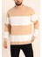 Parçalı Bisiklet Yaka Baskılı Sweatshirt - Bej 1