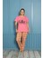 Kadın %100 Pamuk Kısa Kol Büyük Beden Pijama Takım Pembe 2