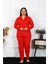Kadın Büyük Beden Pamuklu Cepli Düğmeli Kırmızı Pijama Takım 1