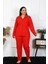 Kadın Büyük Beden Pamuklu Cepli Düğmeli Kırmızı Pijama Takım 2