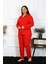 Kadın Büyük Beden Pamuklu Cepli Düğmeli Kırmızı Pijama Takım 3