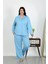 Kadın Büyük Beden Pamuklu Cepli Düğmeli Mavi Pijama Takım 2