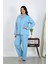 Kadın Büyük Beden Pamuklu Cepli Düğmeli Mavi Pijama Takım 4