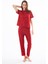 Premium Kadın Pijama Takımı Kırmızı Kalp Desenli Yumuşak Dokulu Kısa Kollu Bisiklet Yaka 1