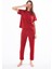 Premium Kadın Pijama Takımı Kırmızı Kalp Desenli Yumuşak Dokulu Kısa Kollu Bisiklet Yaka 4