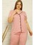 Kadın Pamuklu Cepli Kısa Kol Büyük Beden Pijama Takım Pembe 1