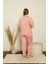 Kadın Pamuklu Cepli Kısa Kol Büyük Beden Pijama Takım Pembe 3