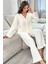 Kadın Beyaz Önden Bağlamalı Kolu ve Paçası Fırfır Detaylı Uzun Kollu Pijama Takımı 1