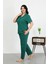 Kadın Büyük Beden Pamuklu Cepli Düğmeli Zümrütyeşili Pijama Takım 1