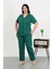 Kadın Büyük Beden Pamuklu Cepli Düğmeli Zümrütyeşili Pijama Takım 2