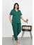 Kadın Büyük Beden Pamuklu Cepli Düğmeli Zümrütyeşili Pijama Takım 3