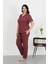 Kadın Büyük Beden Pamuklu Cepli Düğmeli Mor Pijama Takım 1