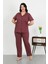 Kadın Büyük Beden Pamuklu Cepli Düğmeli Mor Pijama Takım 3
