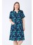 Lacivert Desenli V Yaka Düğme Detaylı Cepli Kısa Kollu Kadın Büyük Beden Pamuklu Elbise 1
