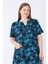 Lacivert Desenli V Yaka Düğme Detaylı Cepli Kısa Kollu Kadın Büyük Beden Pamuklu Elbise 3
